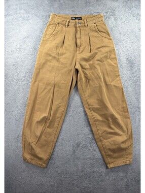 Zara Women's Tan High Waisted Pleated Wide Leg Trouser Pants Size 00
